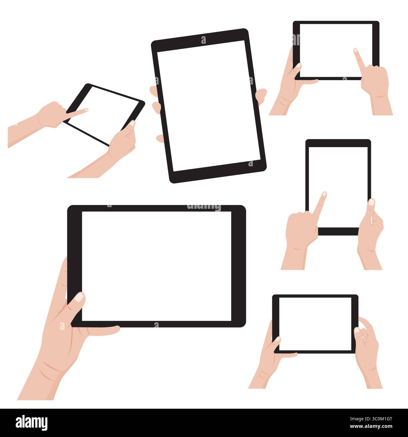 Set of hands holding digital tablet with blank screen. Vector ...