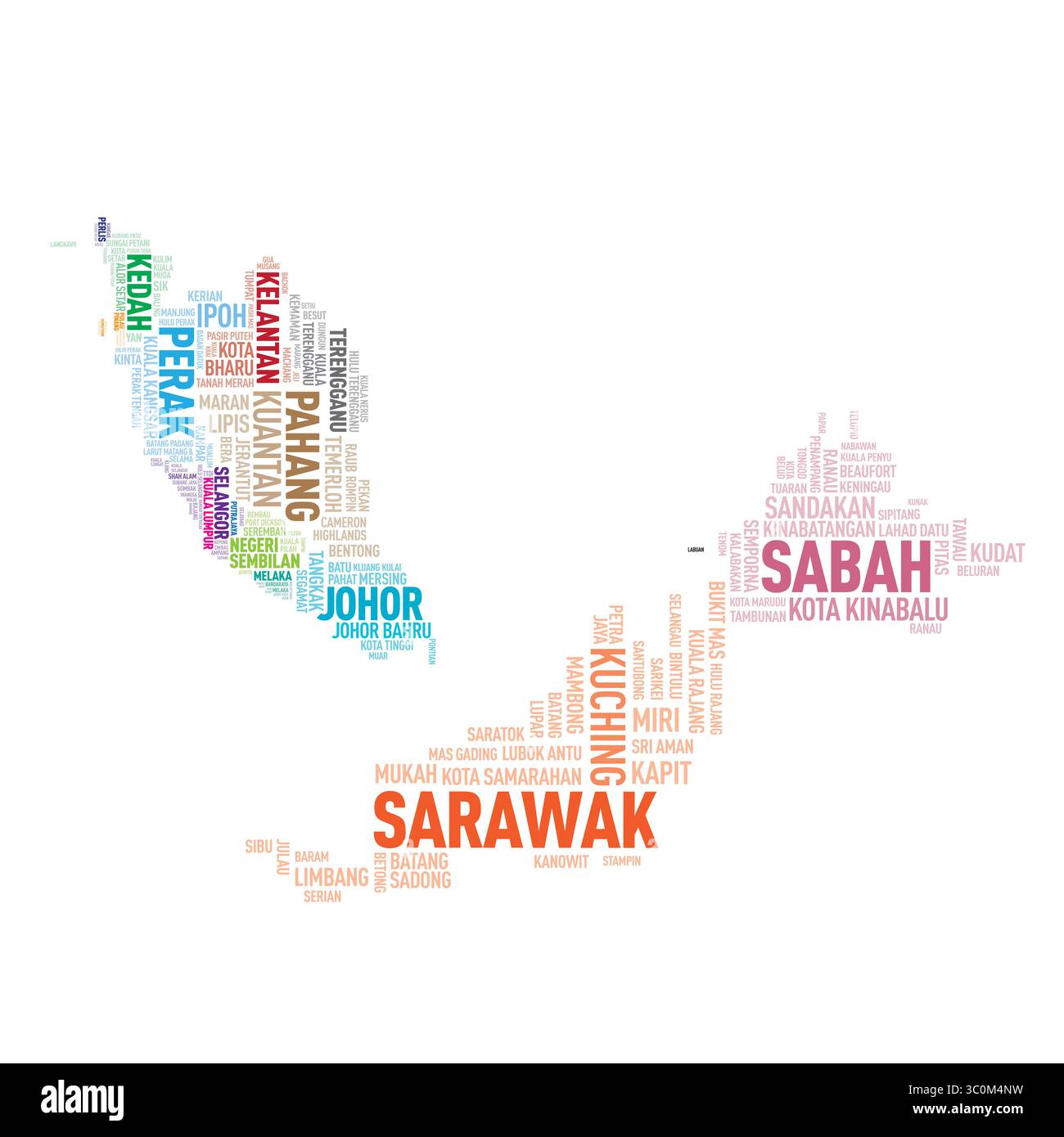 Colourful Malaysia Map with Countries and city name Text or Typography Stock Vector