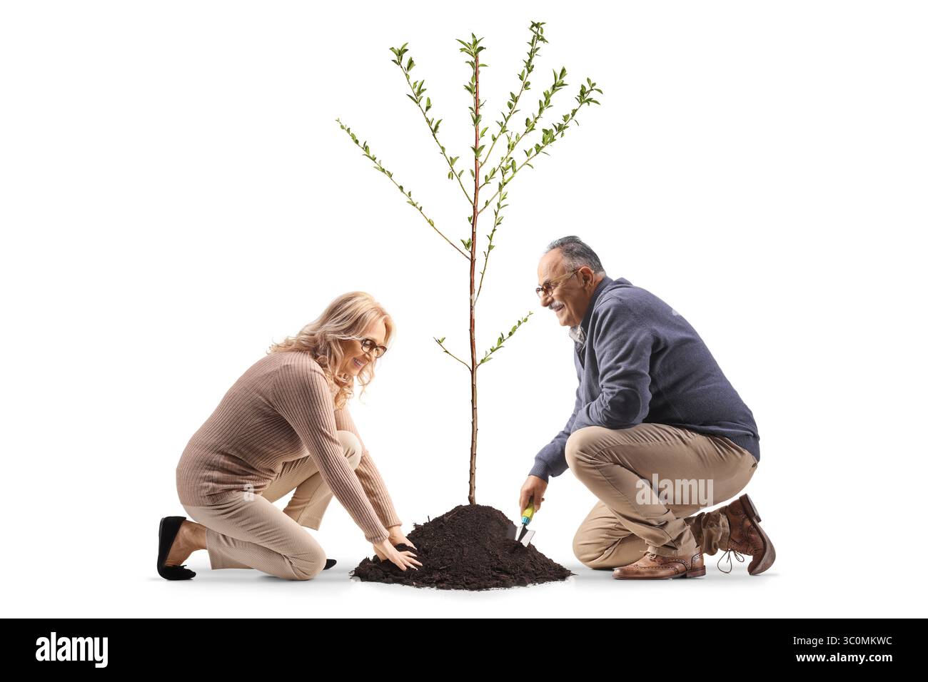 Mature man and woman planting a tree in soil isolated on white ...
