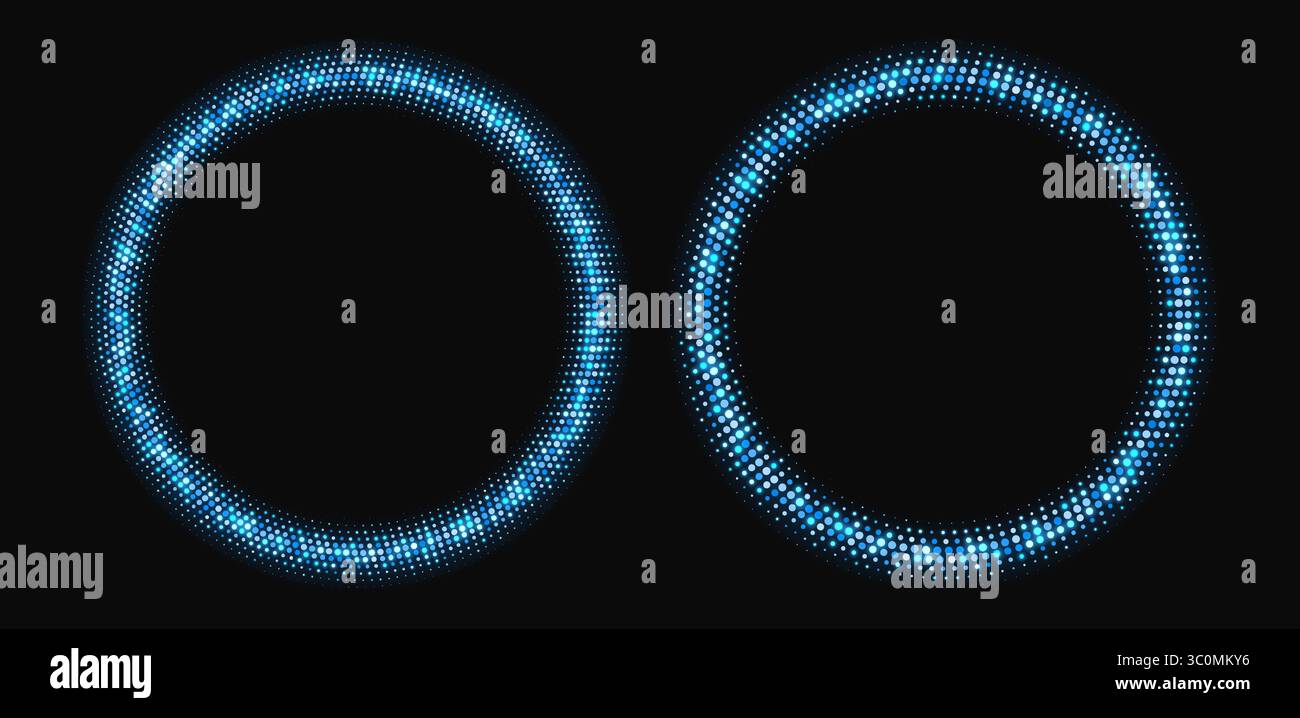 Blue halftone frames, glowing circle borders, round pattern with dots, radial disco luxury design element. Stock Vector