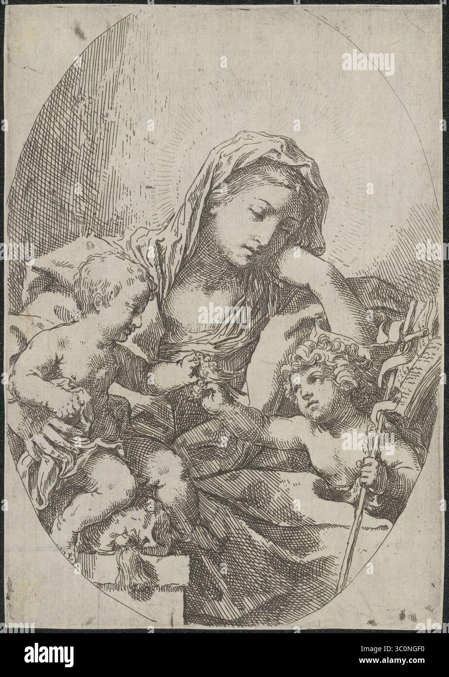 Maria met het Christuskind en Johannes de Doper die een vogel op de ...