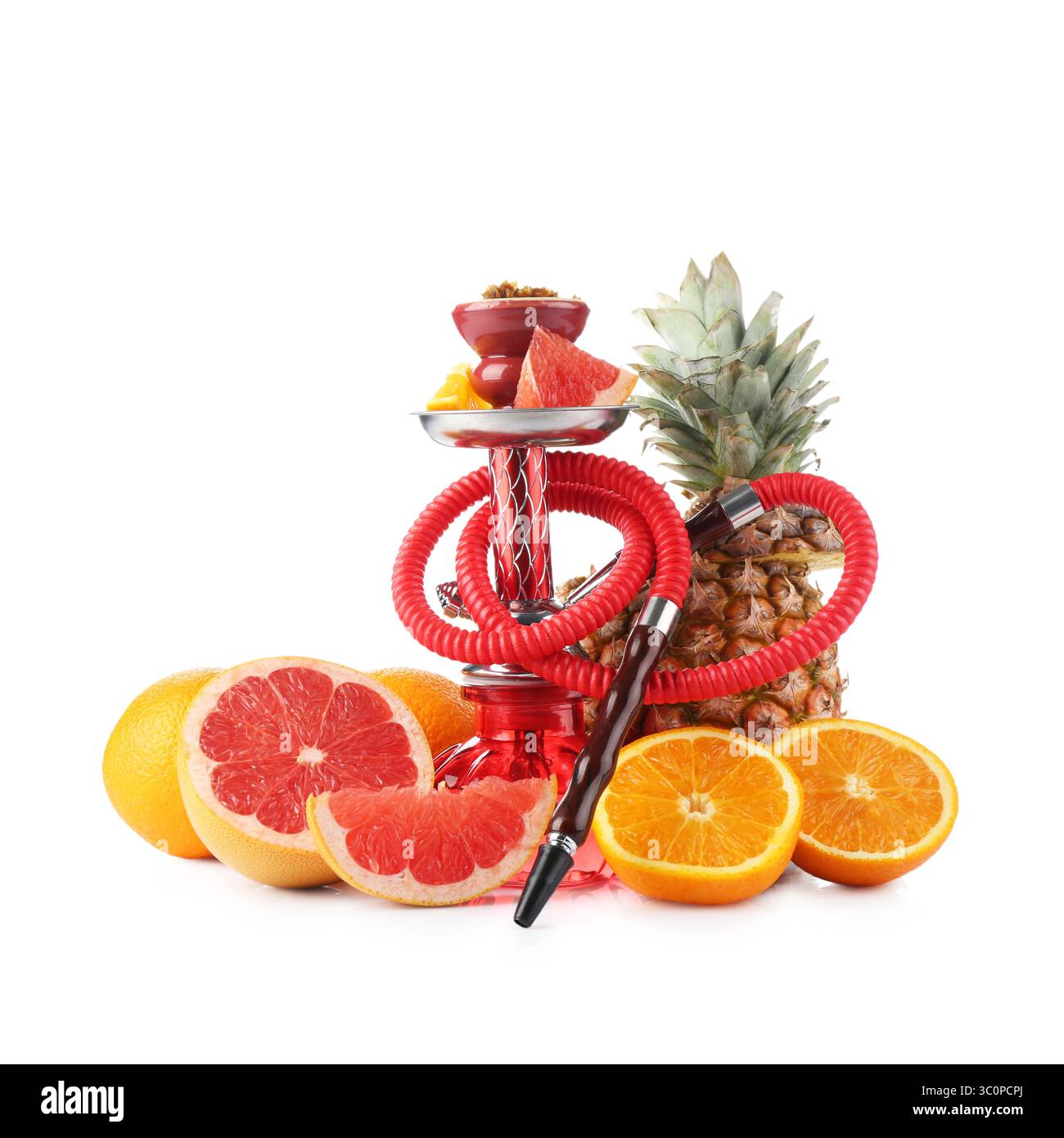 Hookah with different fruits isolated on white Stock Photo