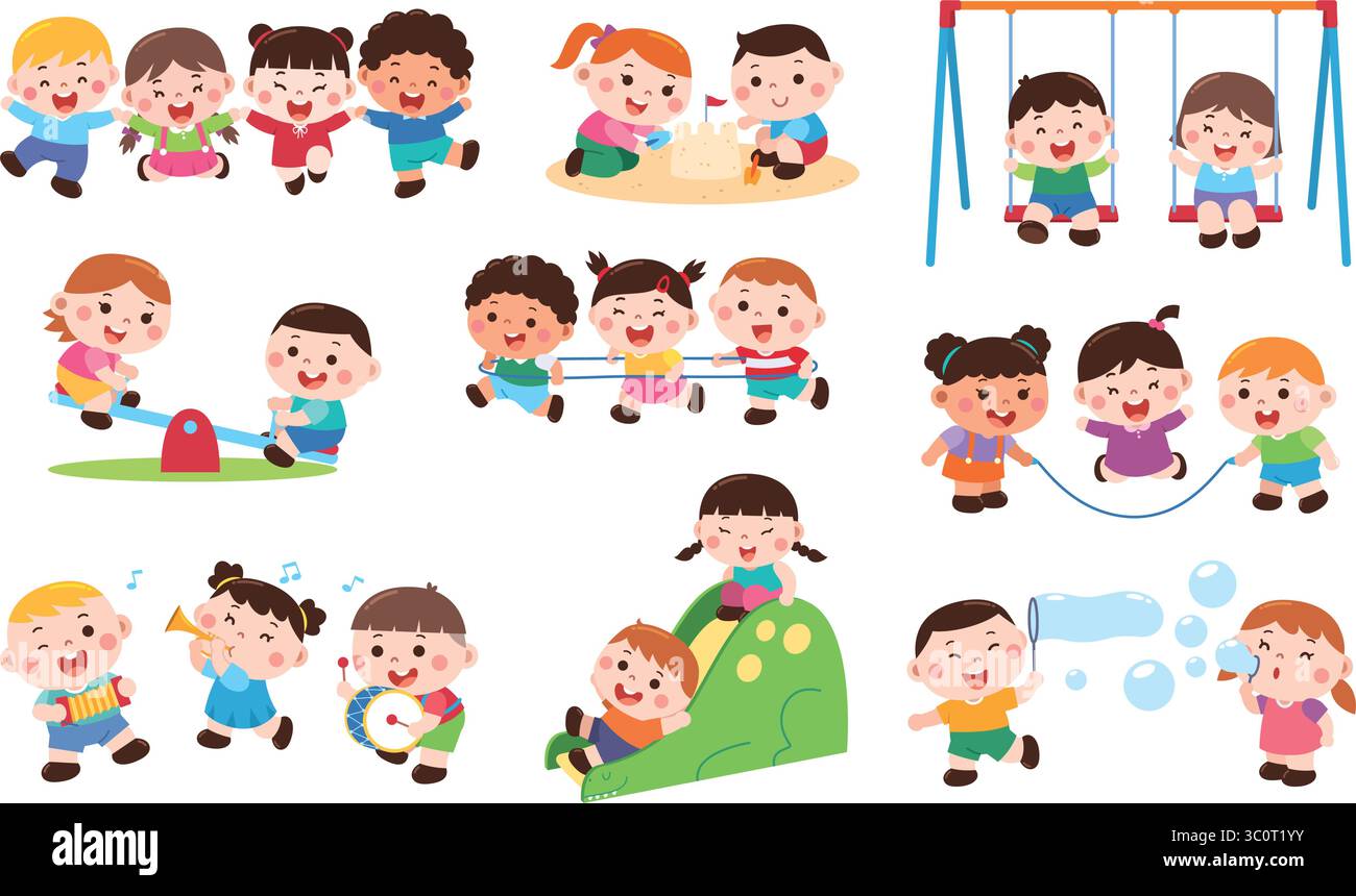 Cute Kids Activity Set Cartoon Children Playing Learning Daily Life ...