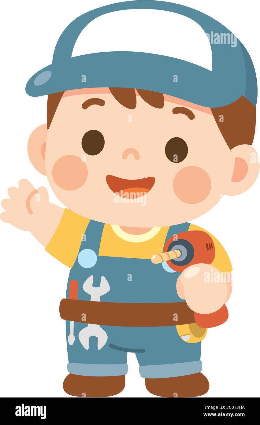 Cute Cartoon Boy Mechanic with Tools and Cap Stock Vector Image & Art ...
