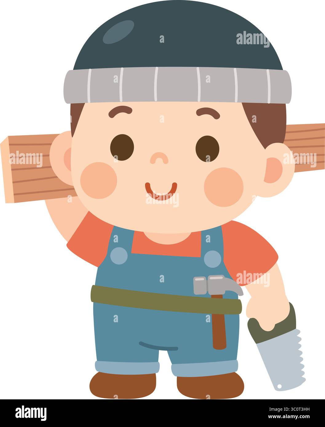 Cute Cartoon Carpenter Boy Character Holding Wood and Saw Stock Vector