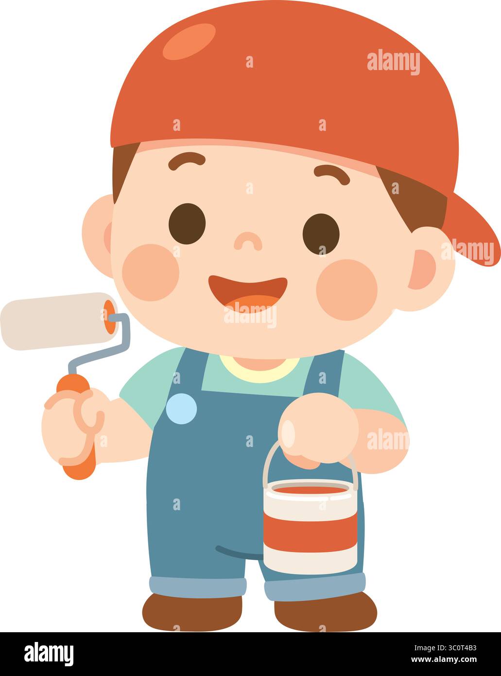 Cute Cartoon Boy Painter with Roller and Paint Bucket Stock Vector ...