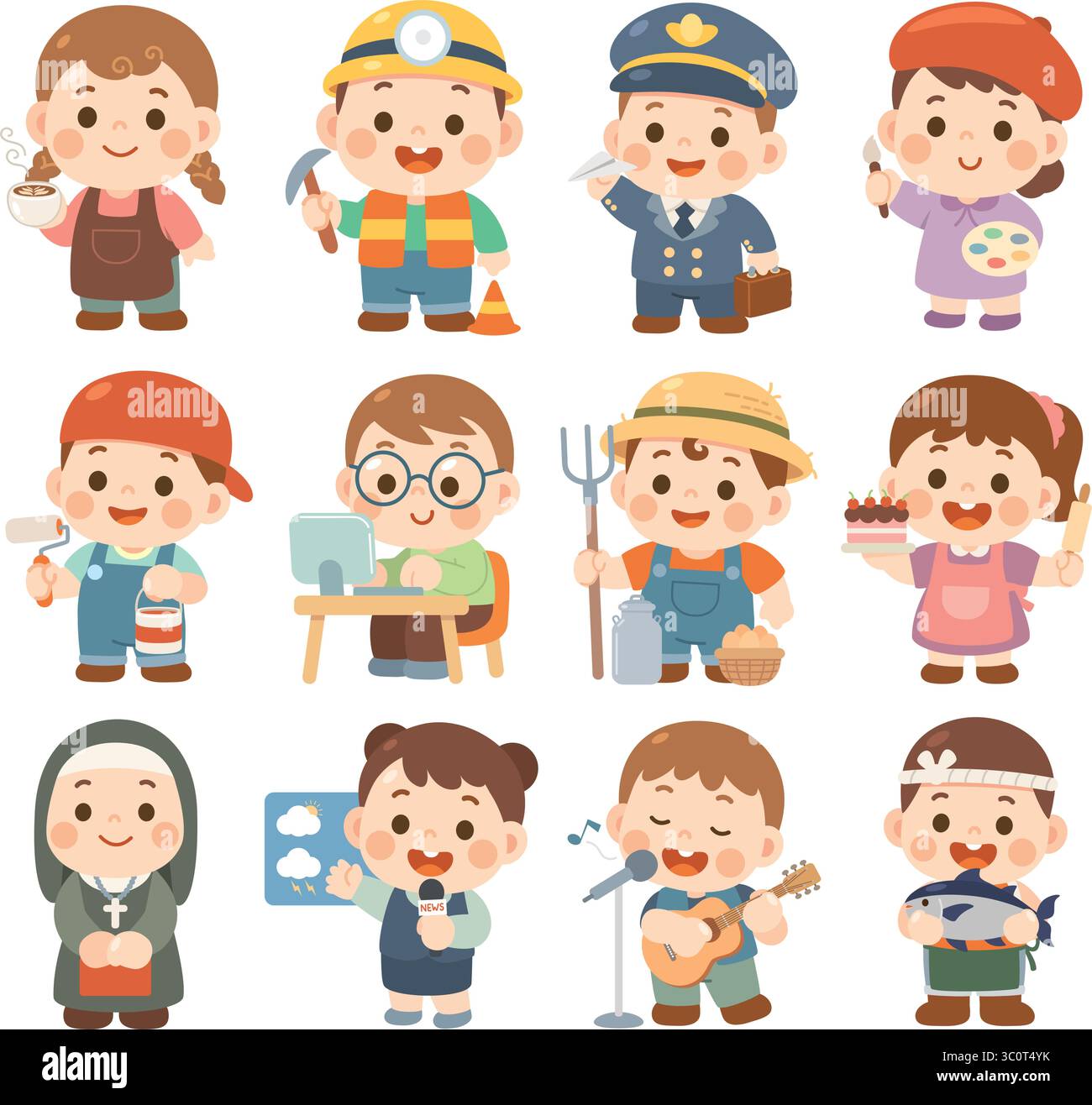 Set of Cute Cartoon Kids in Various Professions and Occupations Stock Vector