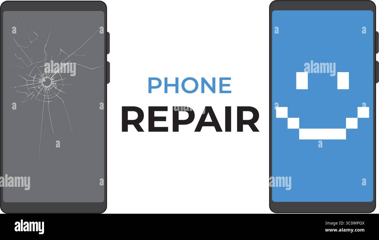 Smartphone Screen Repair: Broken and Fixed Glass Replacement Stock Vector
