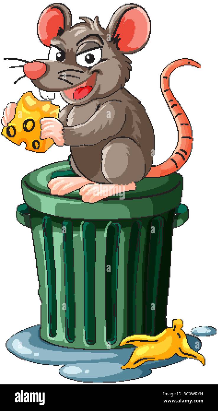 Vector illustration of a smiling cartoon rat holding cheese while sitting atop a green trash can, with a banana peel and puddle below Stock Vector