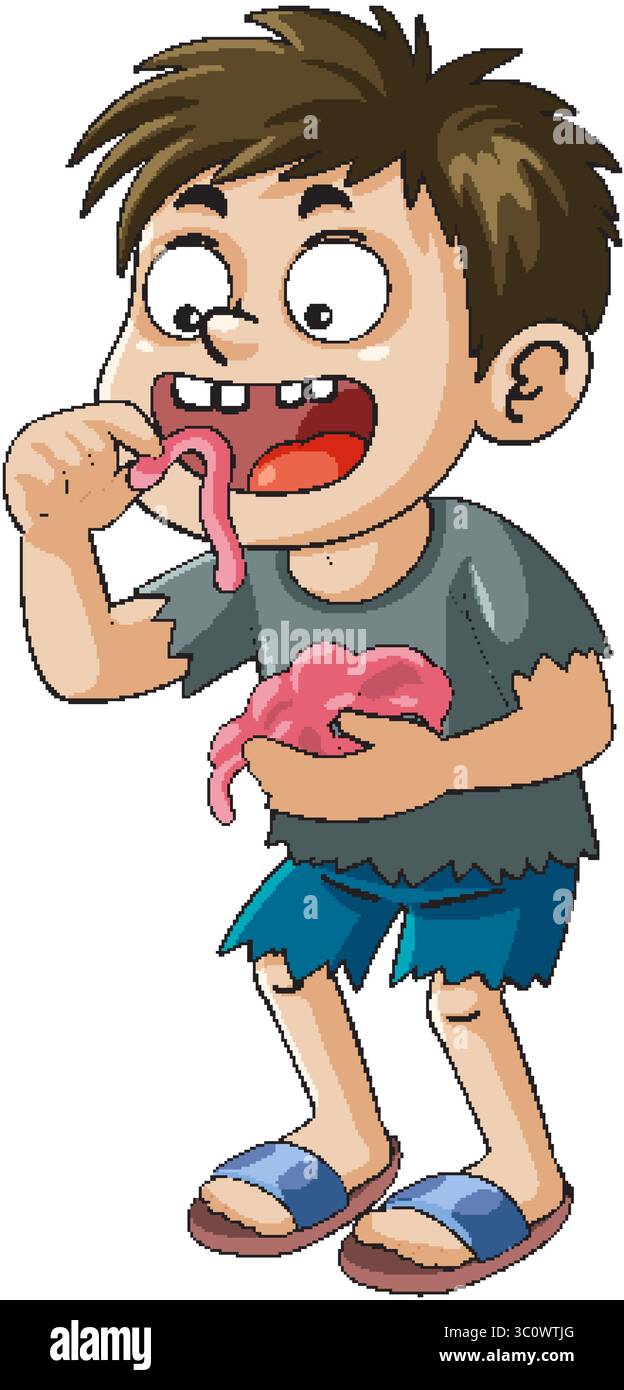 A playful cartoon boy eagerly eating worms, showcasing humor and adventure in a colorful vector style Stock Vector