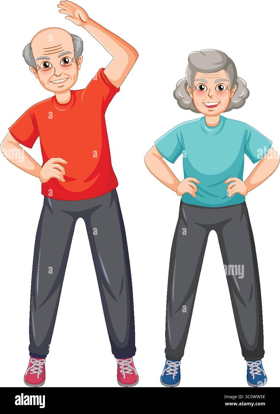 Illustration of two elderly individuals performing exercises. Bright ...