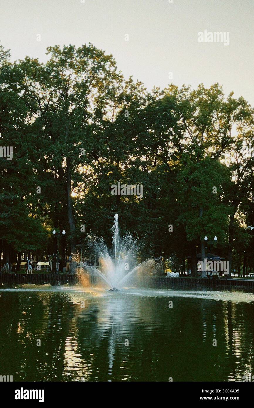 City park fountain surrounded by lush green trees, with calm pond water reflecting the summer landscape. Urban nature and leisure concept. - Smartphone Captured Stock Image