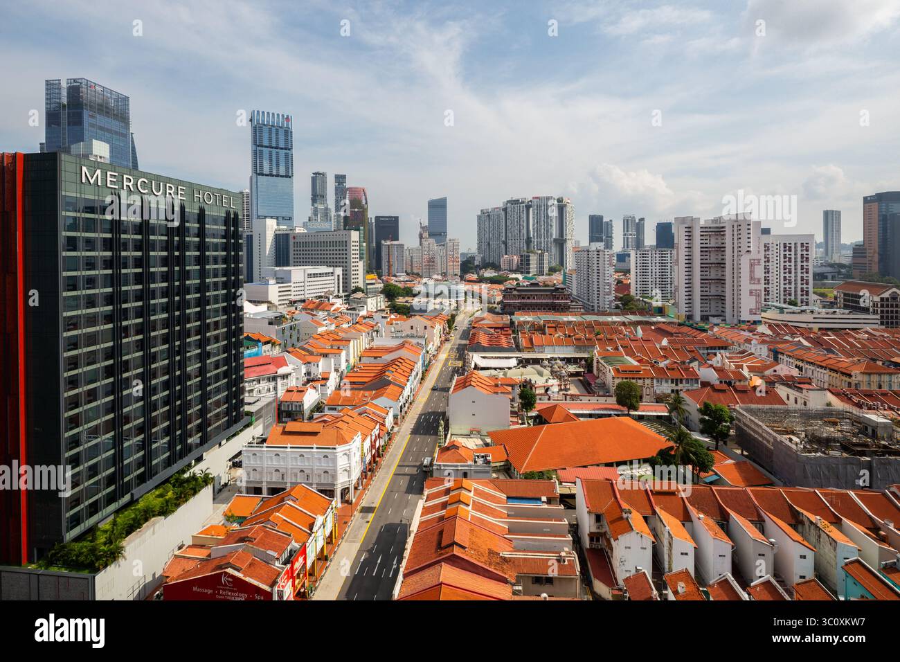 Aerial view of Mercure Hotel Singapore, showcasing modern architecture with panoramic overlook of Chinatown heritage district. Southeast Asia travel. Stock Photo