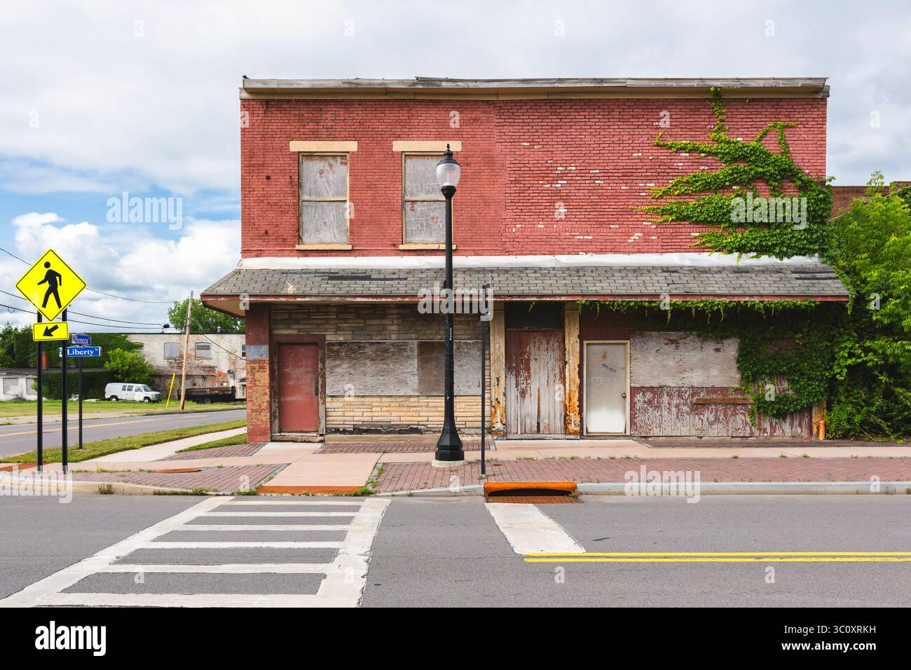 Close-up view of an abandoned building over 100 years old in downtown Utica, which is a typical Hollywood movie looking neighborhood Stock Photo