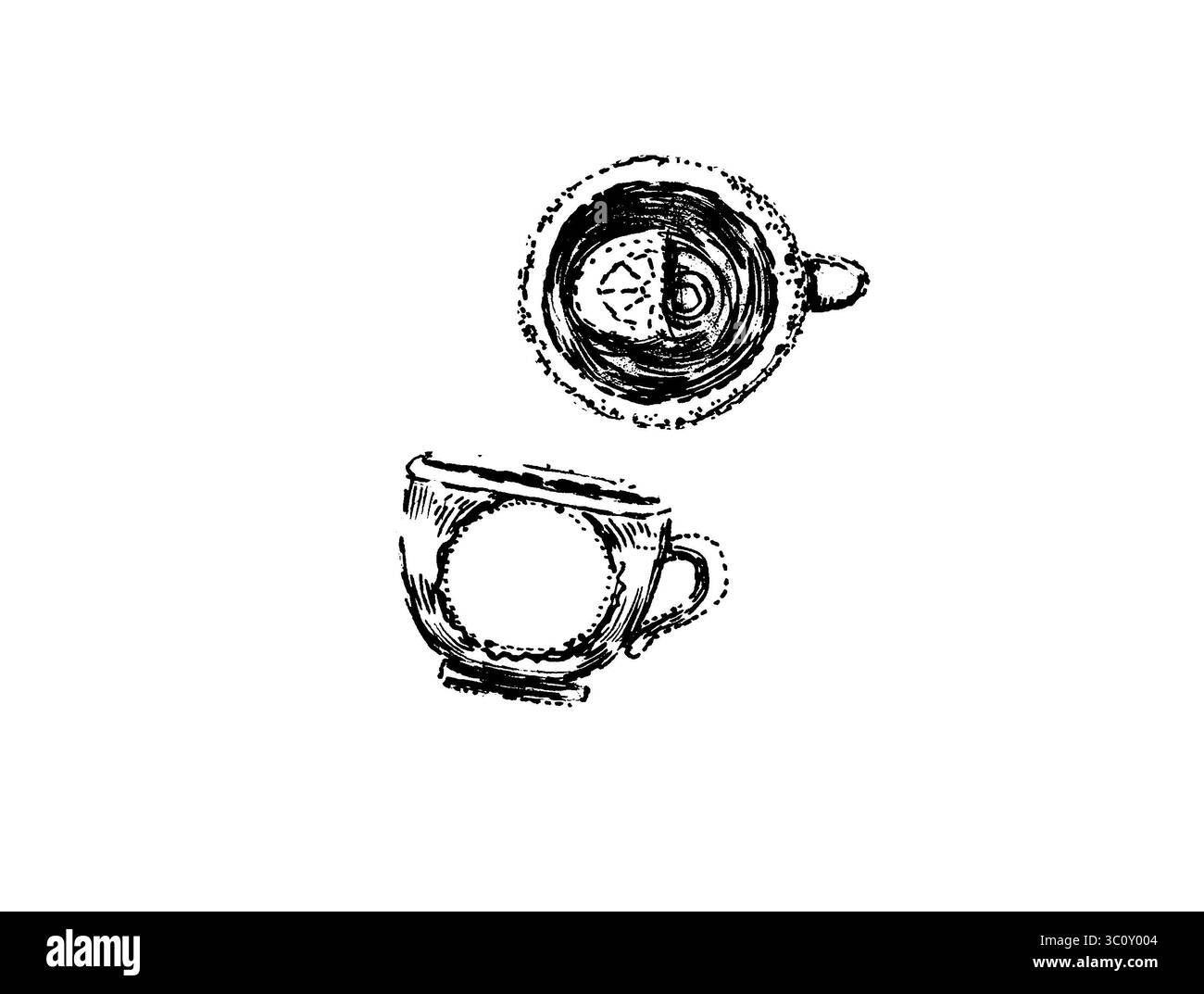 Illustration of tea cups. One cup top view, filled with tea with lemon. Another cup side view, has a round hole inside, copy space. Black color. Isola Stock Photo