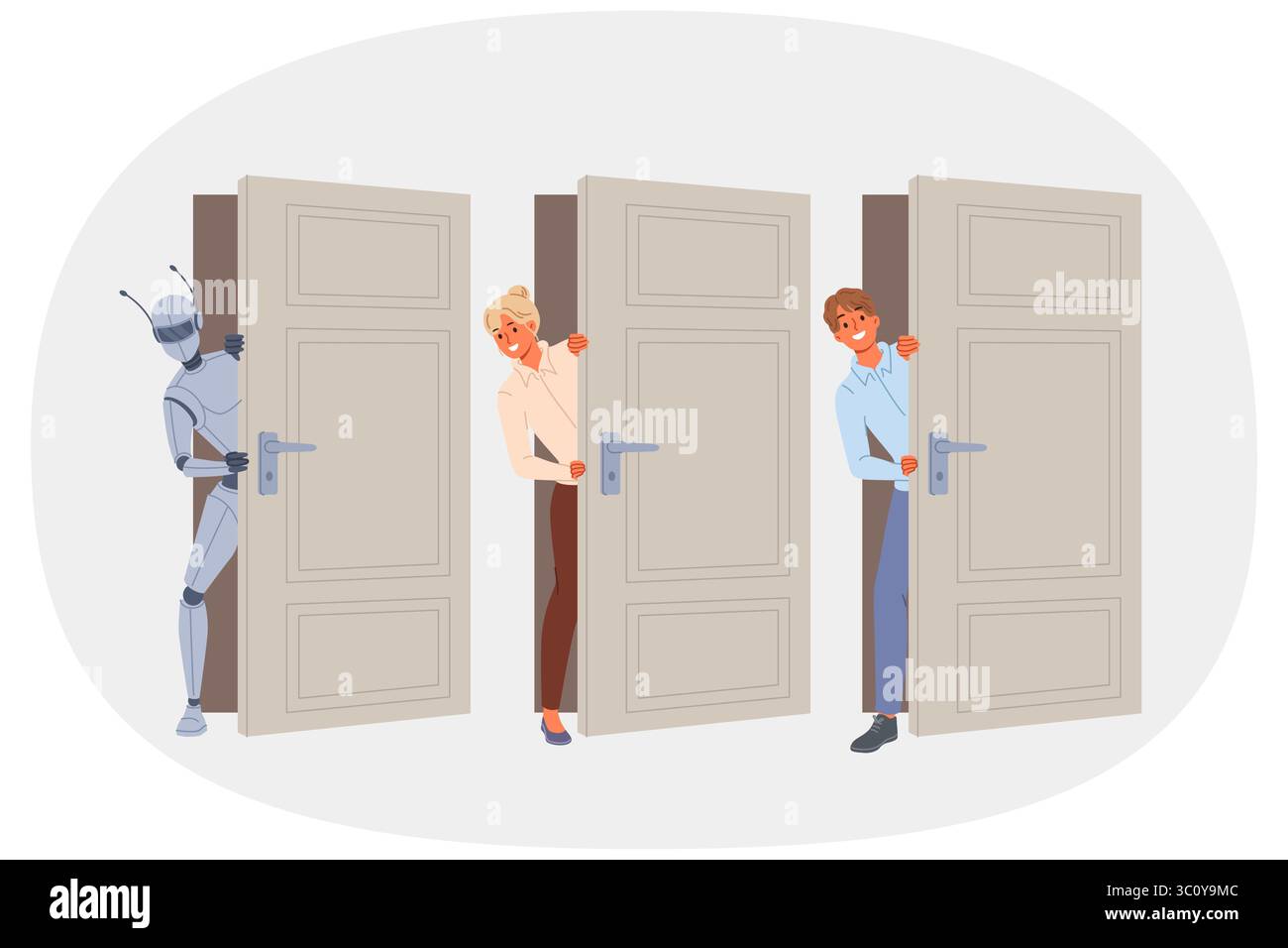 Team of AI robot and humans are ready to work on complex project and look out door together Stock Vector