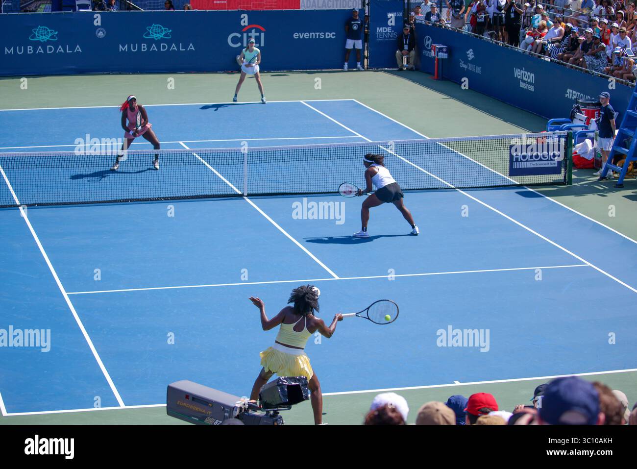 Hailey Baptiste (USA) and Venus Williams (USA) meet in the women's doubles Round 1 match against Eugenie Bouchard (CAN) and Clervie Ngounoue (USA) at the Mubadala DC Citi Open on Monday, July 21, 2025. (Photo by Nick Piacente/Sipa USA) Stock Photo