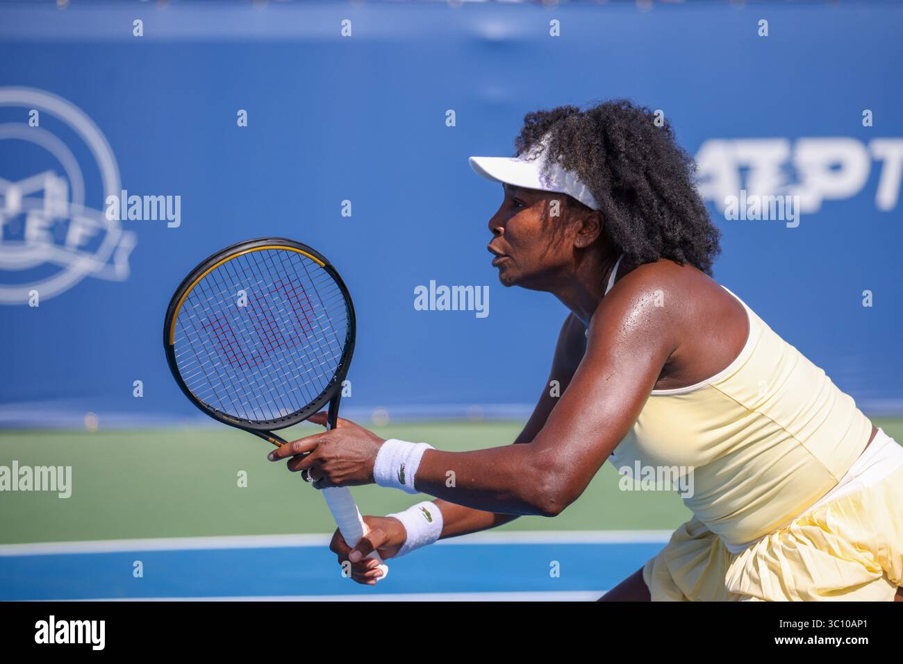 Venus Williams (USA) during the women's doubles Round 1 match with Hailey Baptiste (USA) against Eugenie Bouchard (CAN) and Clervie Ngounoue (USA) at the Mubadala DC Citi Open on Monday, July 21, 2025. (Photo by Nick Piacente/Sipa USA) Stock Photo