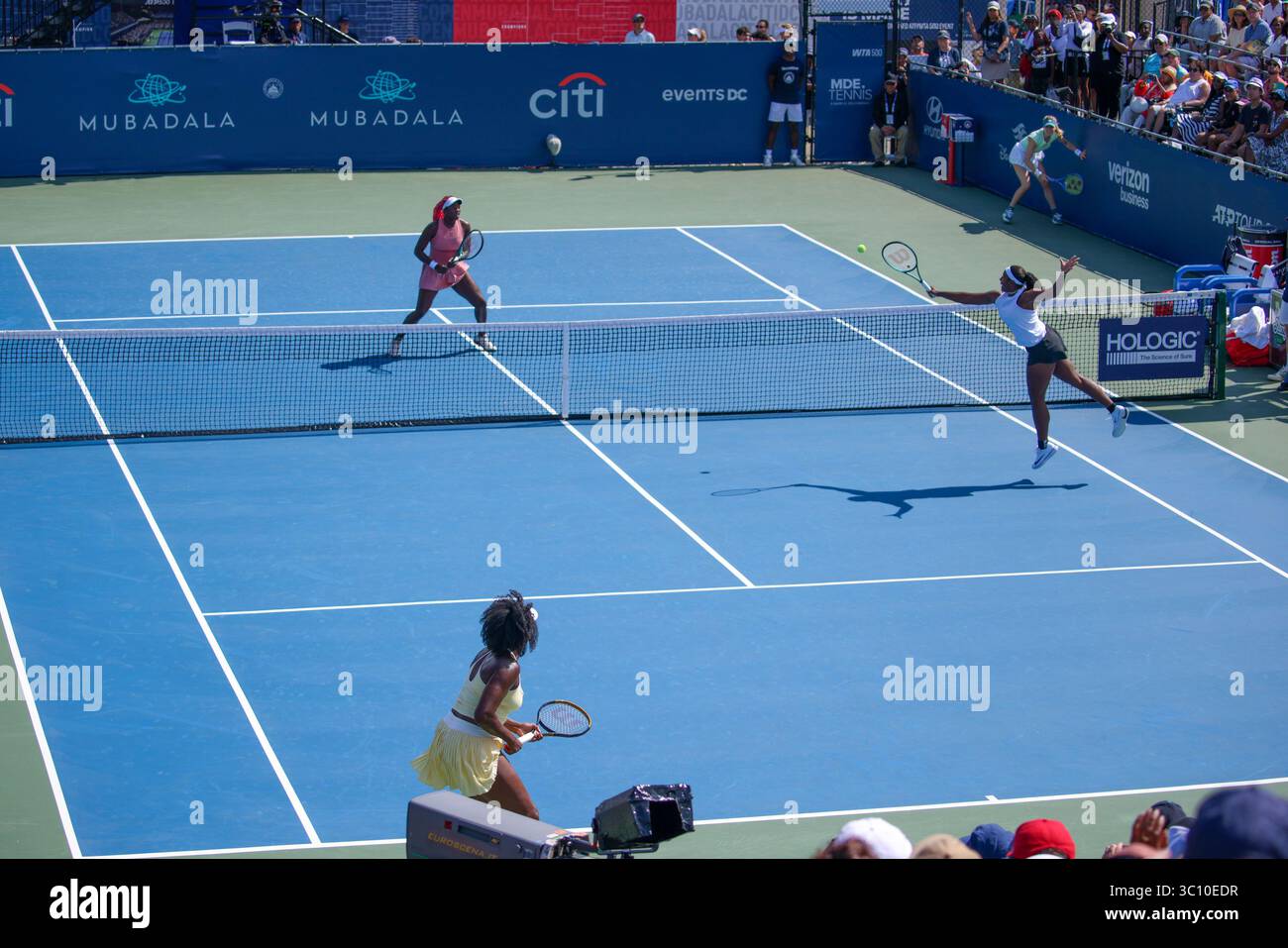 Hailey Baptiste (USA) and Venus Williams (USA) meet in the women's doubles Round 1 match against Eugenie Bouchard (CAN) and Clervie Ngounoue (USA) at the Mubadala DC Citi Open on Monday, July 21, 2025. (Photo by Nick Piacente/Sipa USA) Stock Photo