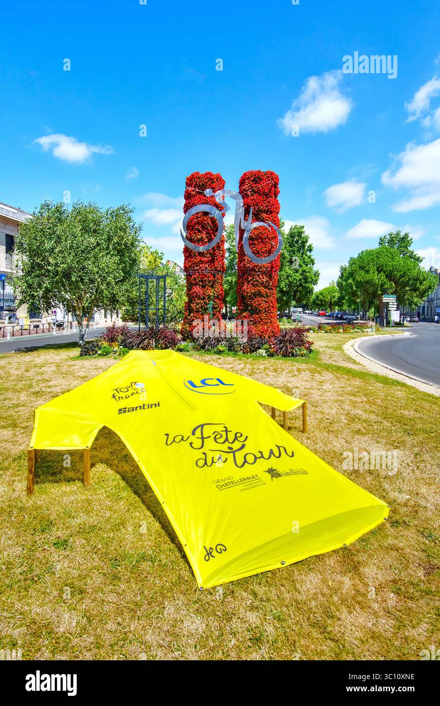 Floral decorations in the center of Chatellerault for the passing of Stage 9 of the 2025 Tour de France. Stock Photo