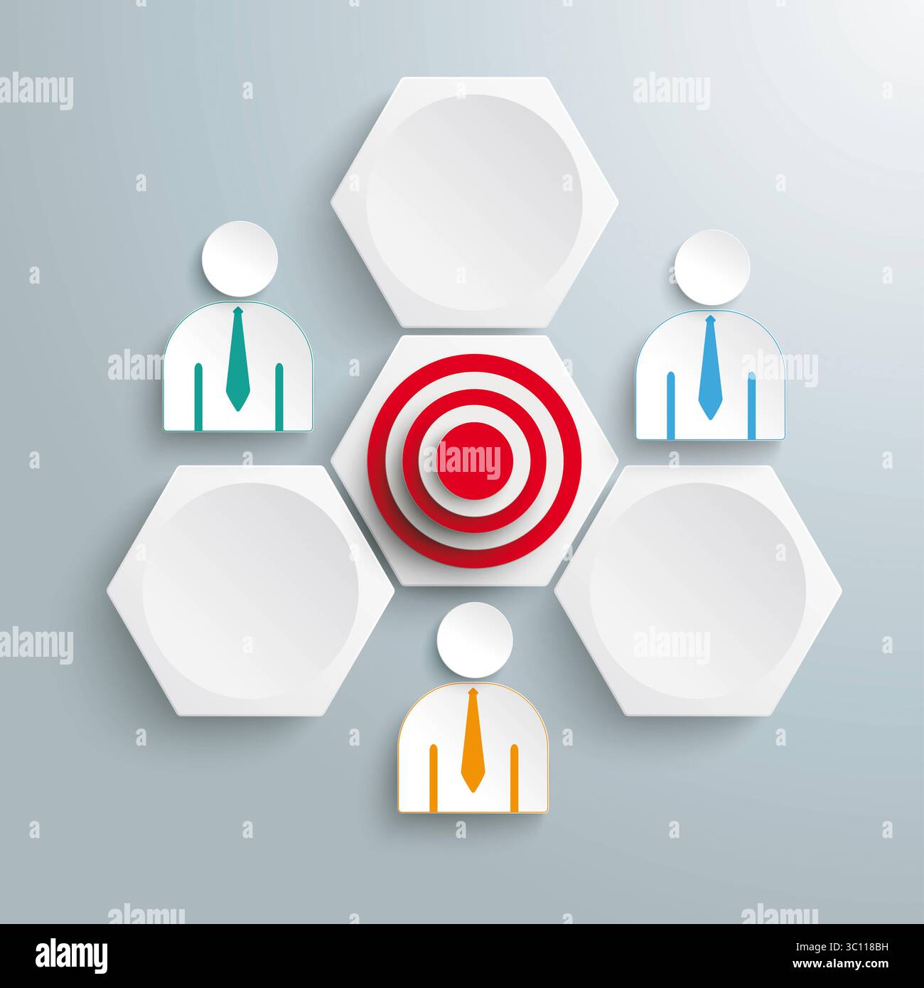 3 White Hexagons 3 Businessmen Target Infographic Infographic with honeycomb structure, businessmen und a red target on the grey background. Stock Photo