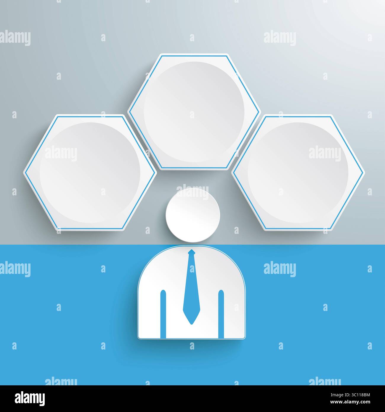 3 White Hexagons Businessman Blue Infographic Infographic with honeycomb structure and a businessman on the gray background. Stock Photo