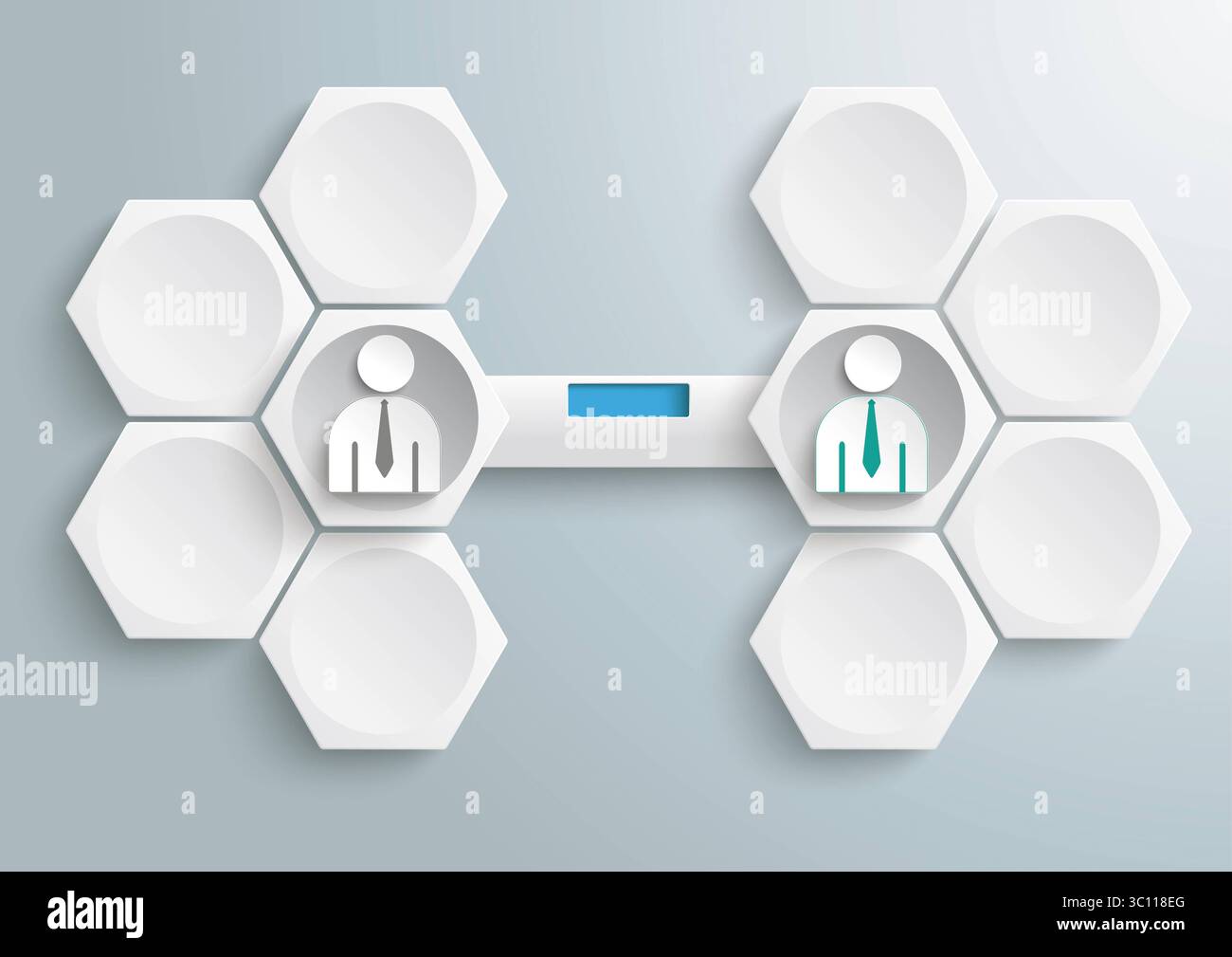 Hexagons 2 Businessmen Tab Infographic Infographic template with 2 businessmen, tab and hexagons on the gray background. Stock Photo