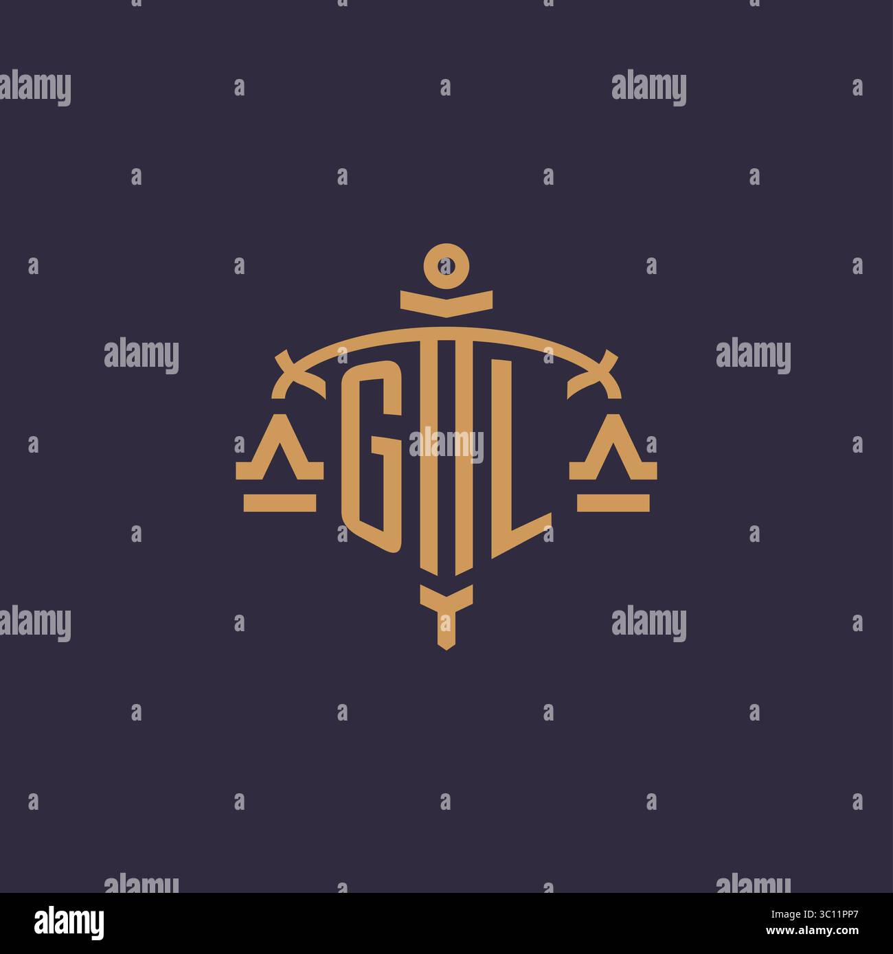 Monogram GL logo for legal firm with geometric scale and sword style vector graphic Stock Vector