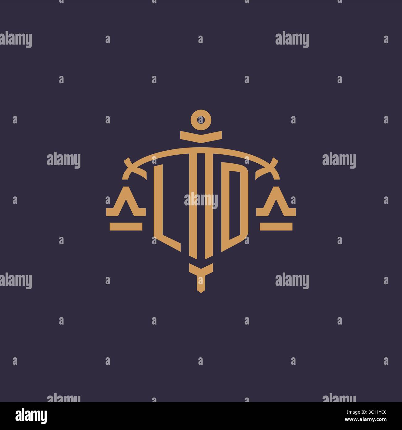 Monogram LD logo for legal firm with geometric scale and sword style vector graphic Stock Vector