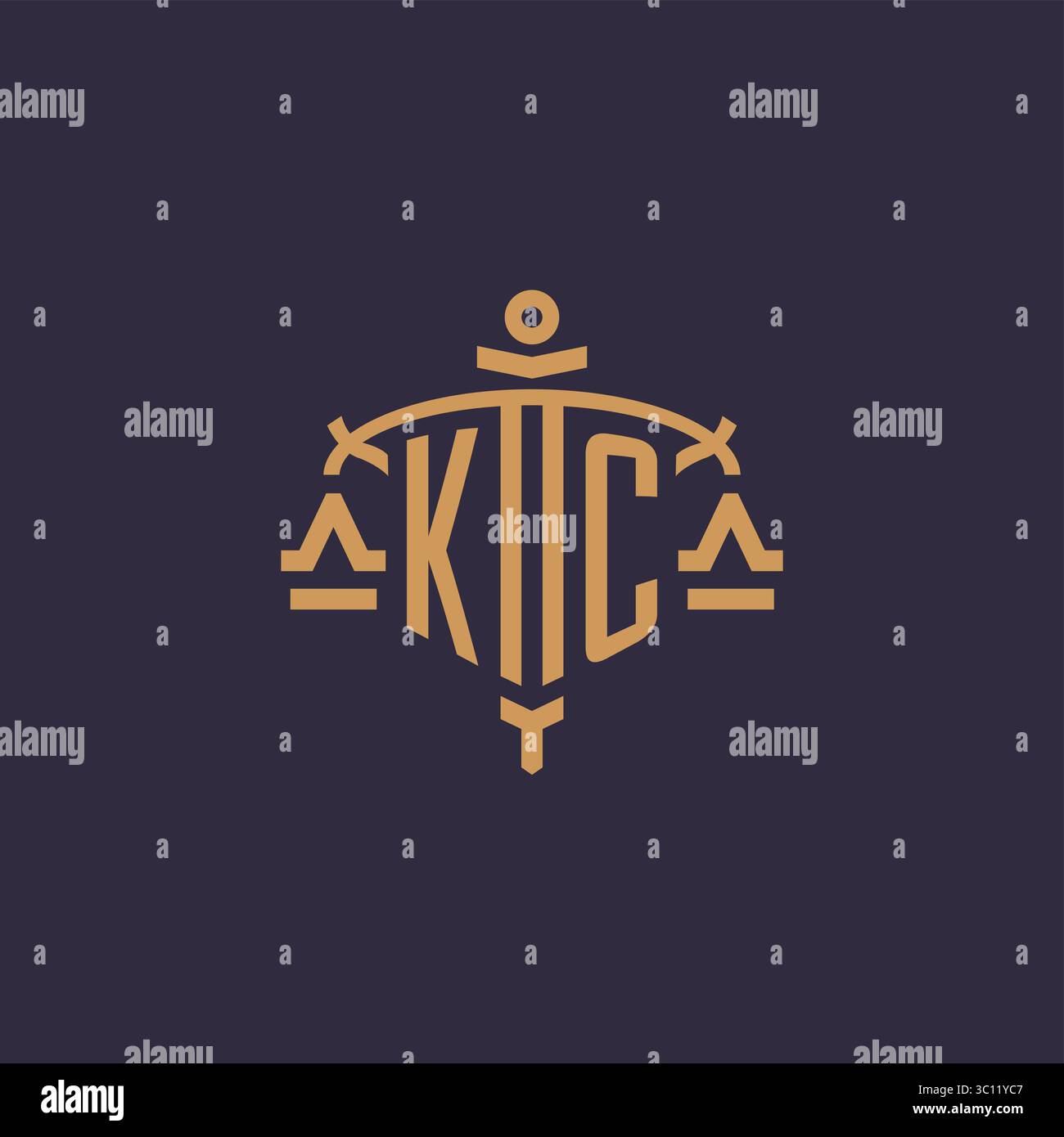 Monogram KC logo for legal firm with geometric scale and sword style vector graphic Stock Vector