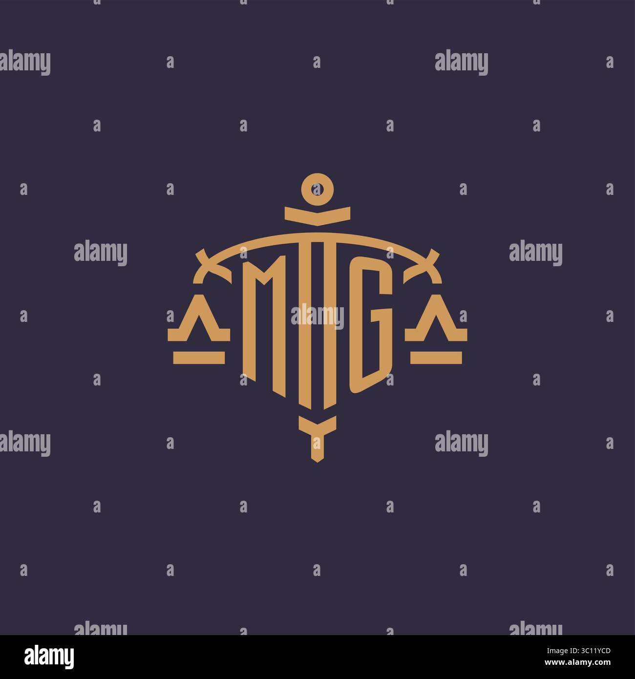Monogram MG logo for legal firm with geometric scale and sword style vector graphic Stock Vector