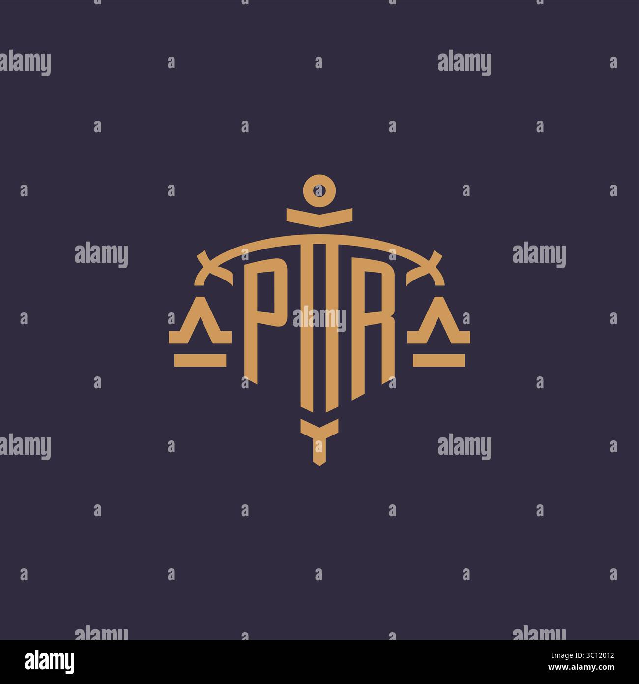 Monogram PR logo for legal firm with geometric scale and sword style vector graphic Stock Vector