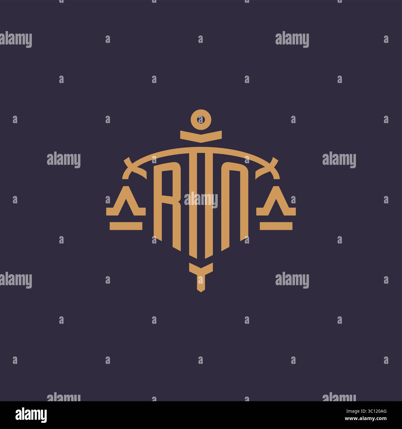 Monogram RN logo for legal firm with geometric scale and sword style vector graphic Stock Vector