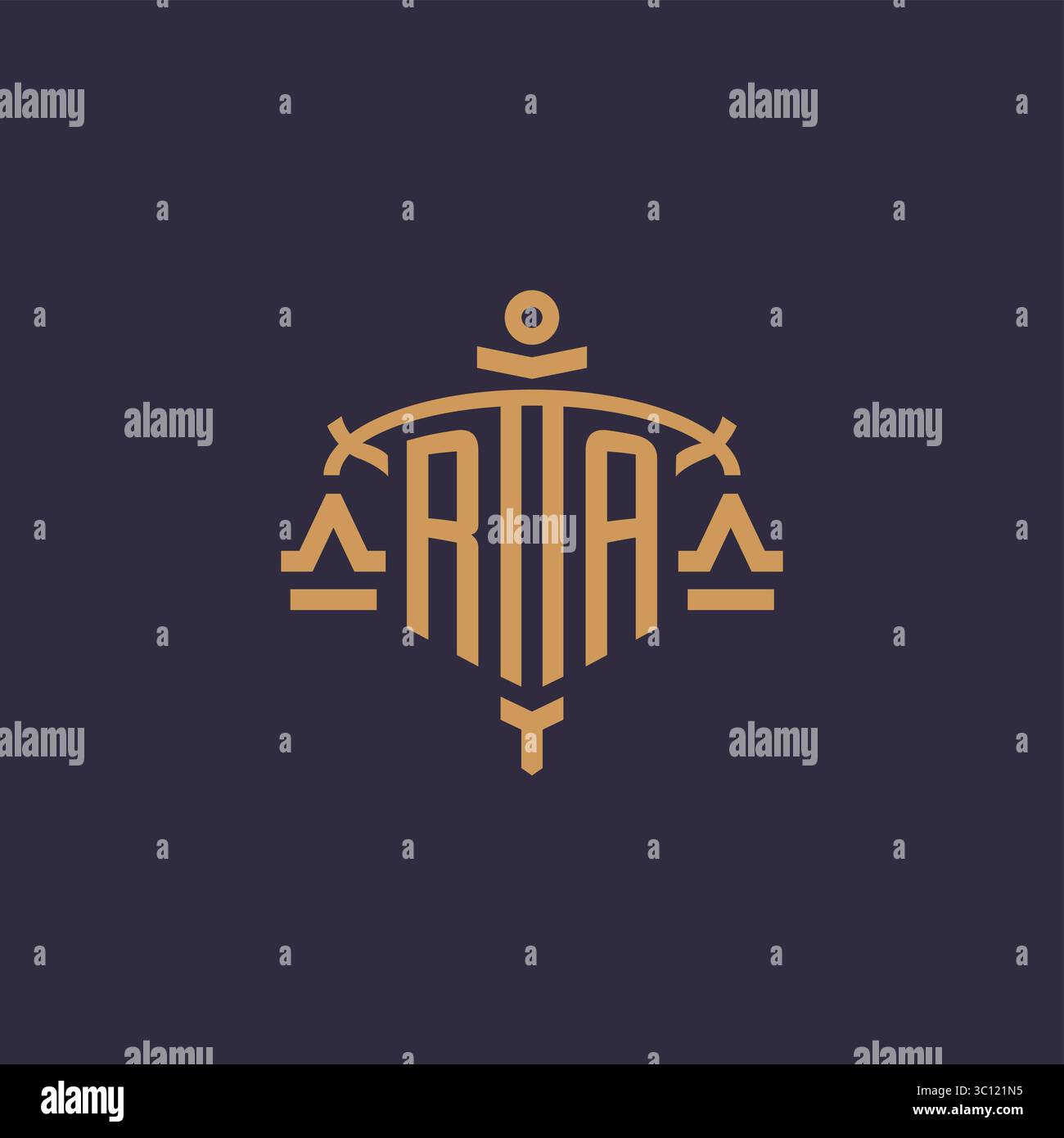 Monogram RA logo for legal firm with geometric scale and sword style vector graphic Stock Vector