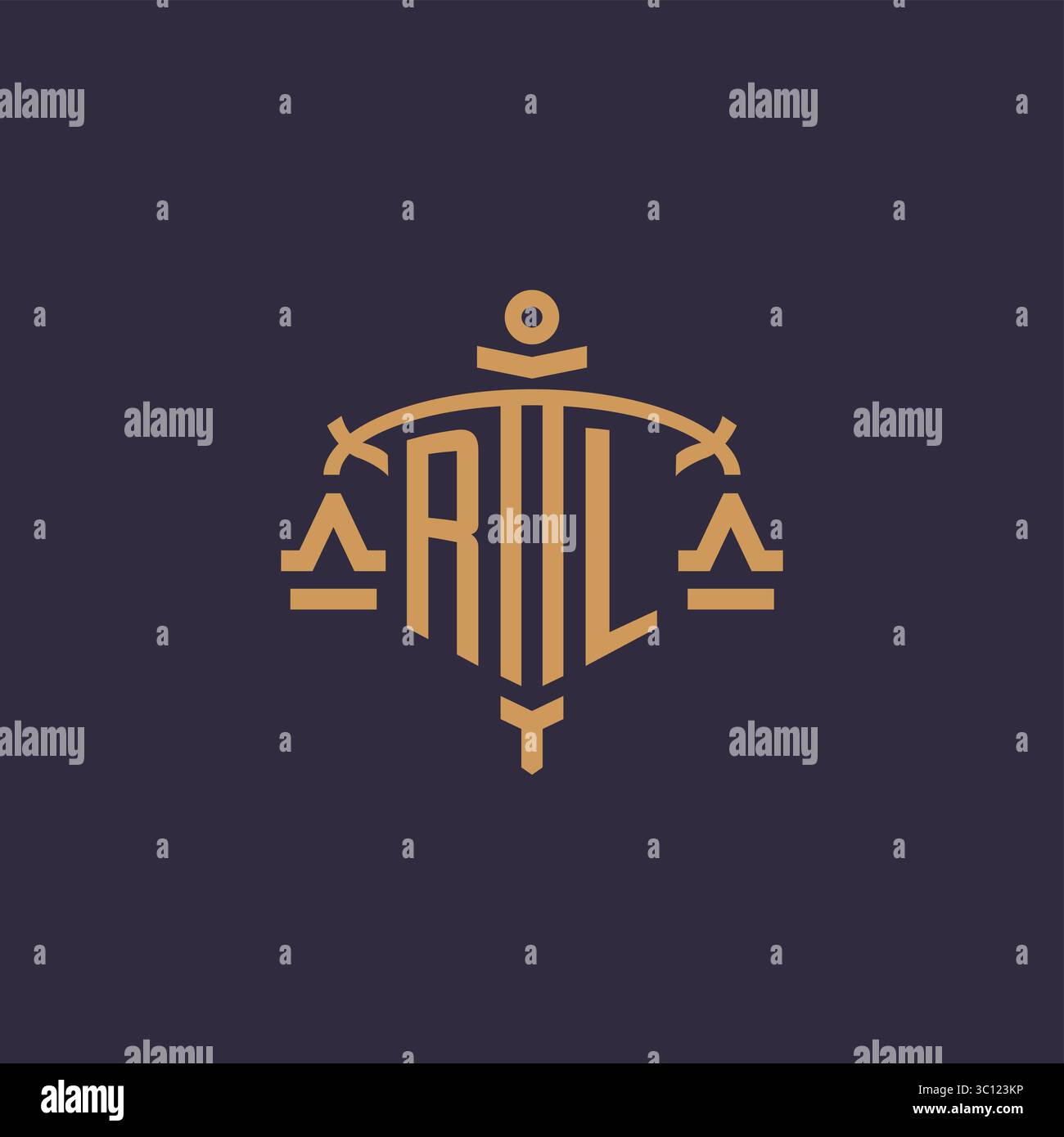 Monogram RL logo for legal firm with geometric scale and sword style vector graphic Stock Vector