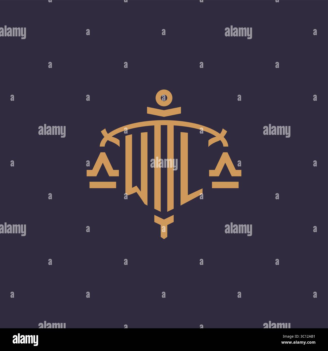 Monogram WL logo for legal firm with geometric scale and sword style vector graphic Stock Vector