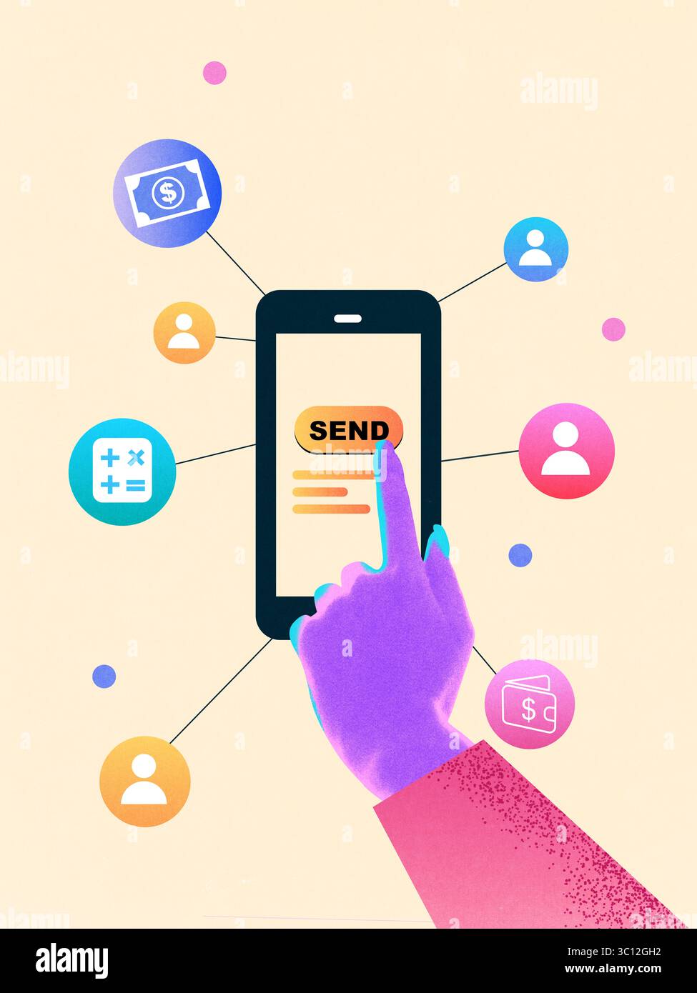 Collage of hand tapping send button on mobile app with finance icons ...