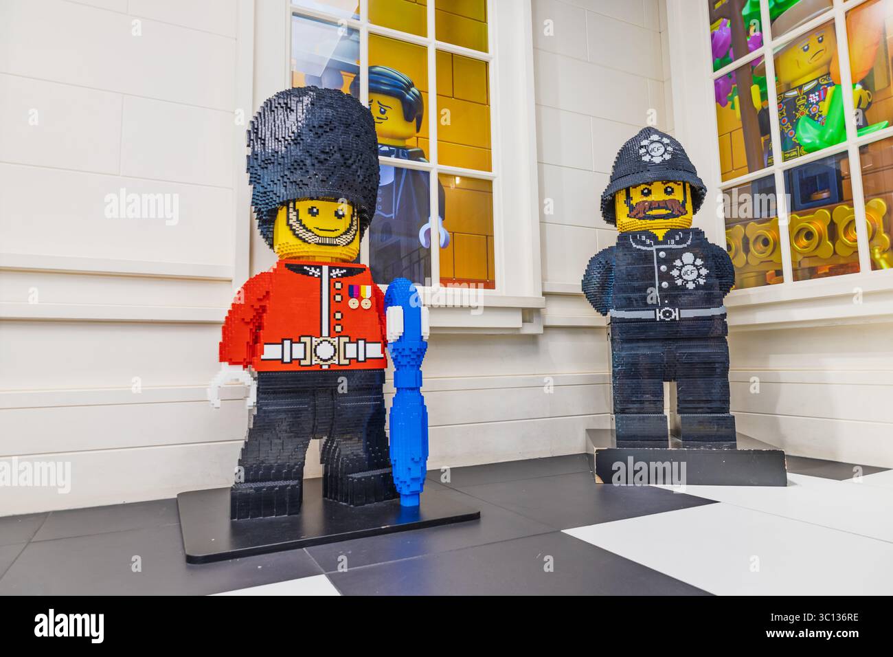 Life size LEGO sculptures of British Queens Guard and Bobby policeman. London, UK, 2 June 2024 Stock Photo