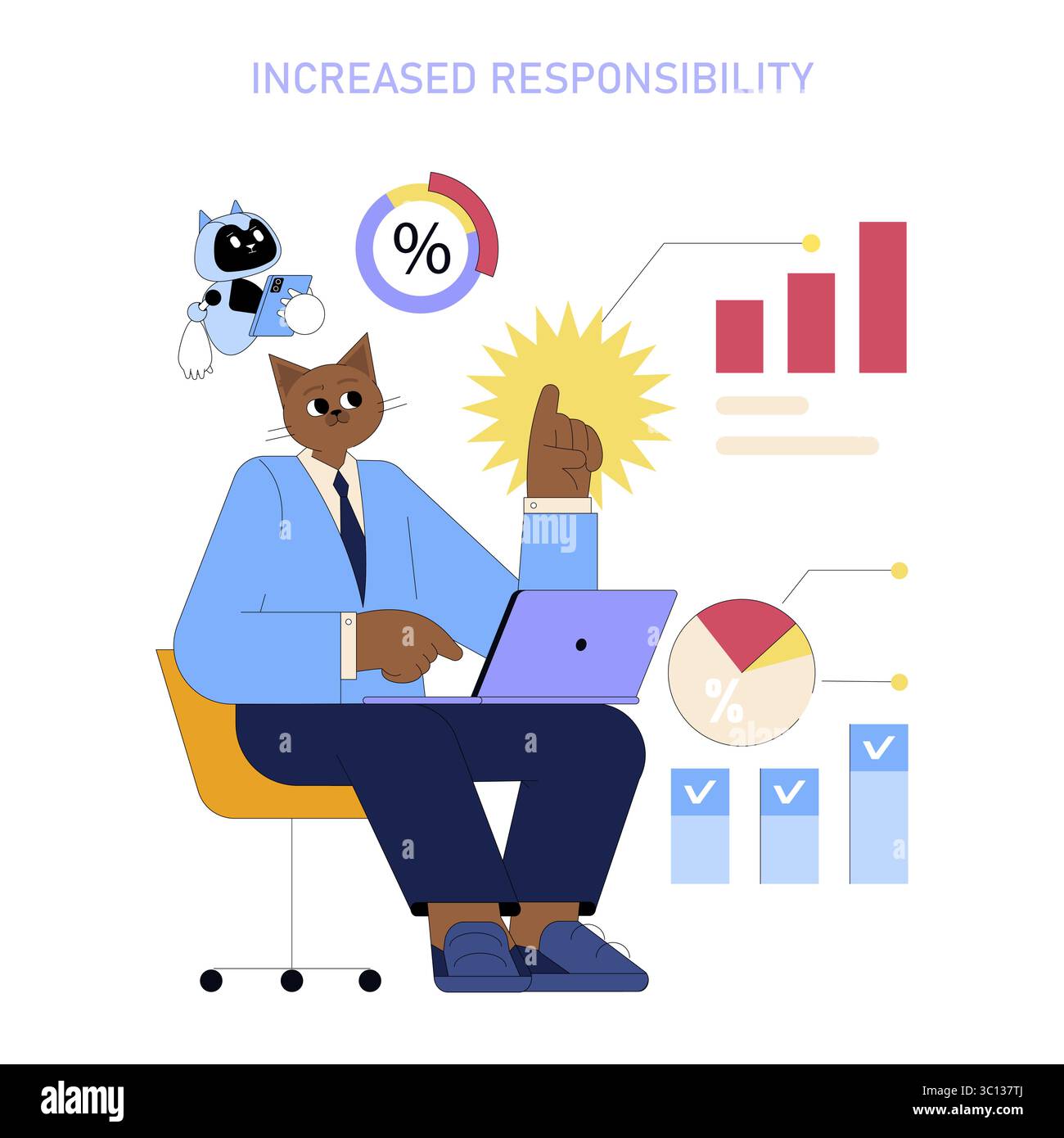 Anthropomorphic cat managing business data with AI robot assistance, showcasing increased productivity in modern workplaces. Stock Vector
