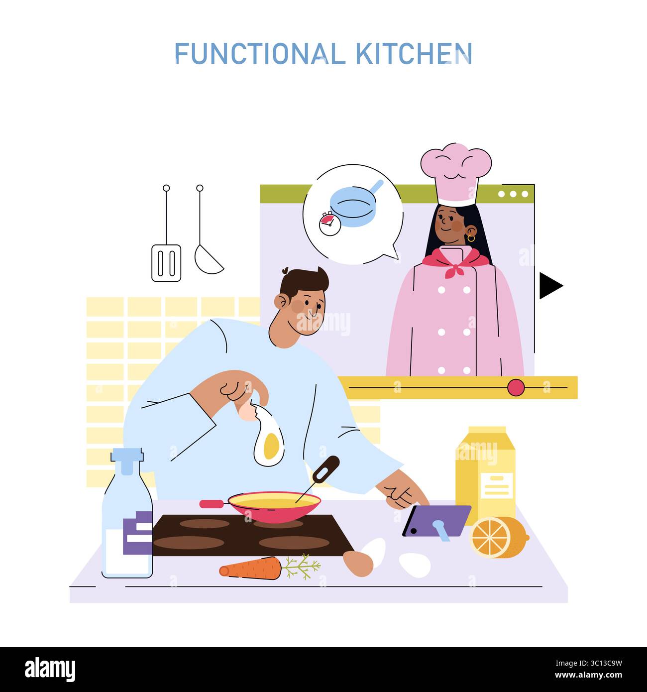 Illustration of a man cooking in a modern kitchen while following ...
