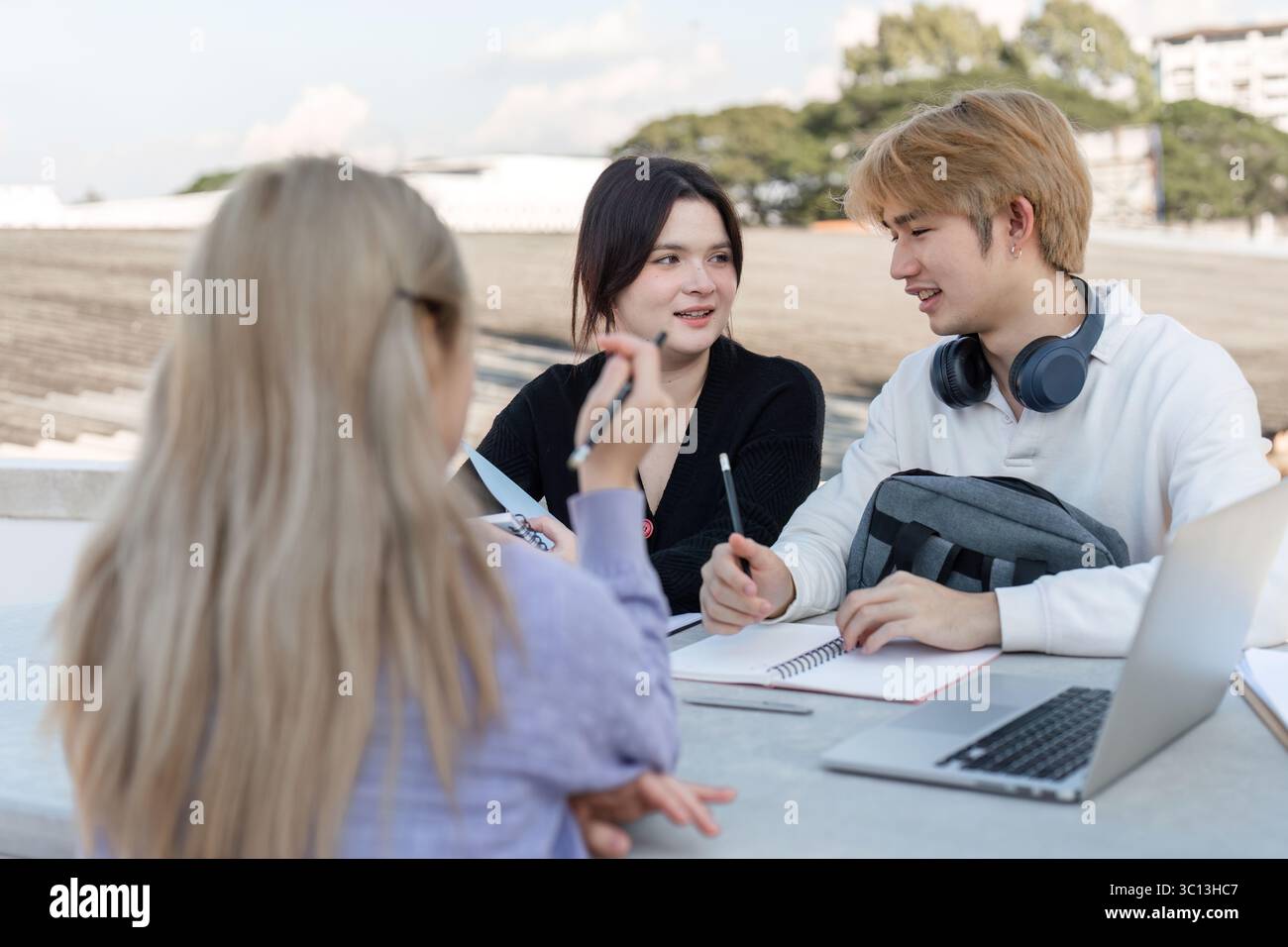 Young Students Collaborate Outdoors with Laptops and Notebooks for a Productive Study Session Stock Photo