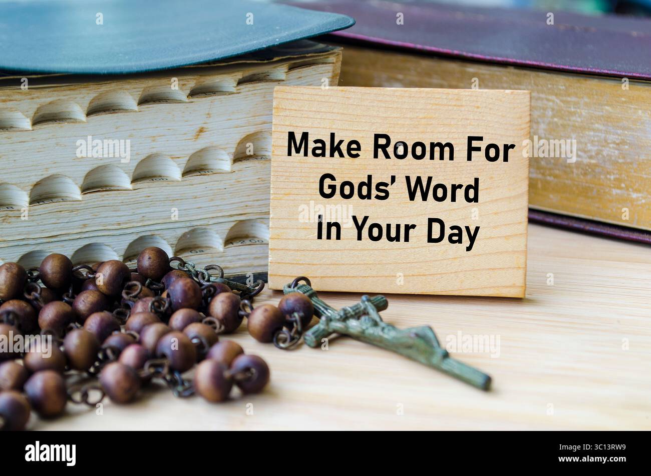 Make Room For God Word In Your Day text on wooden block with Holy Bible ...