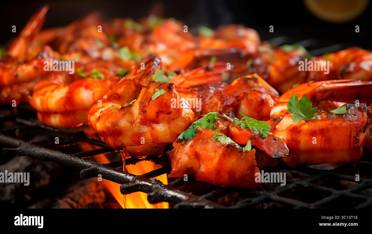Shrimp grilled on charcoal griddle. Glazed shrimp with spice on grill, garden barbecue Stock Photo