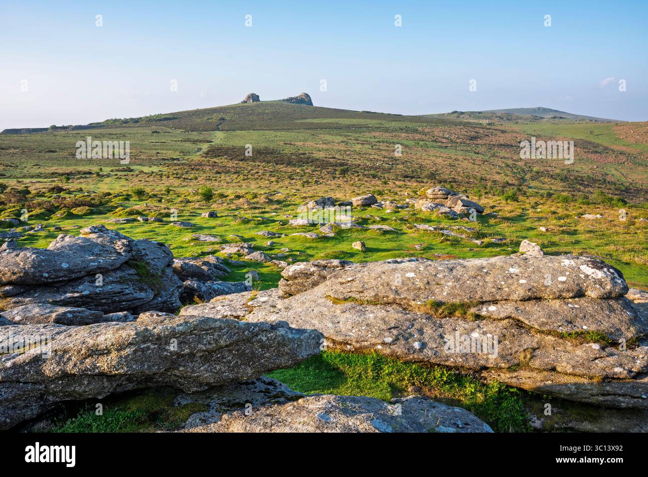 Smallacombe Rocks with Haytor Rocks beyond in Dartmoor National Park ...