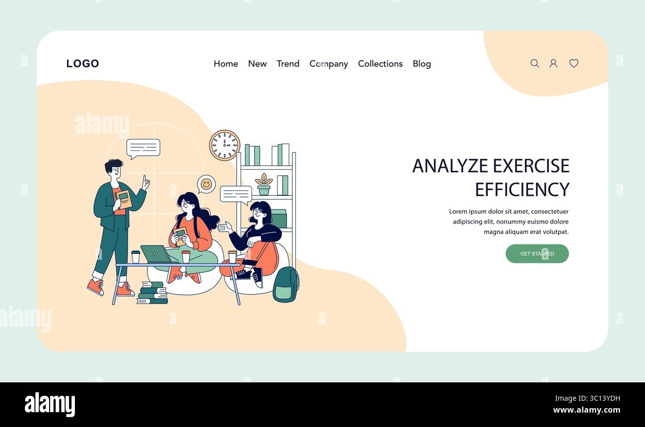 Milestone concept. This illustration depicts individuals engaged in a collaborative discussion about exercise efficiency. They are analyzing data while surrounded by books and a welcoming workspace. Vector illustration. Stock Vector