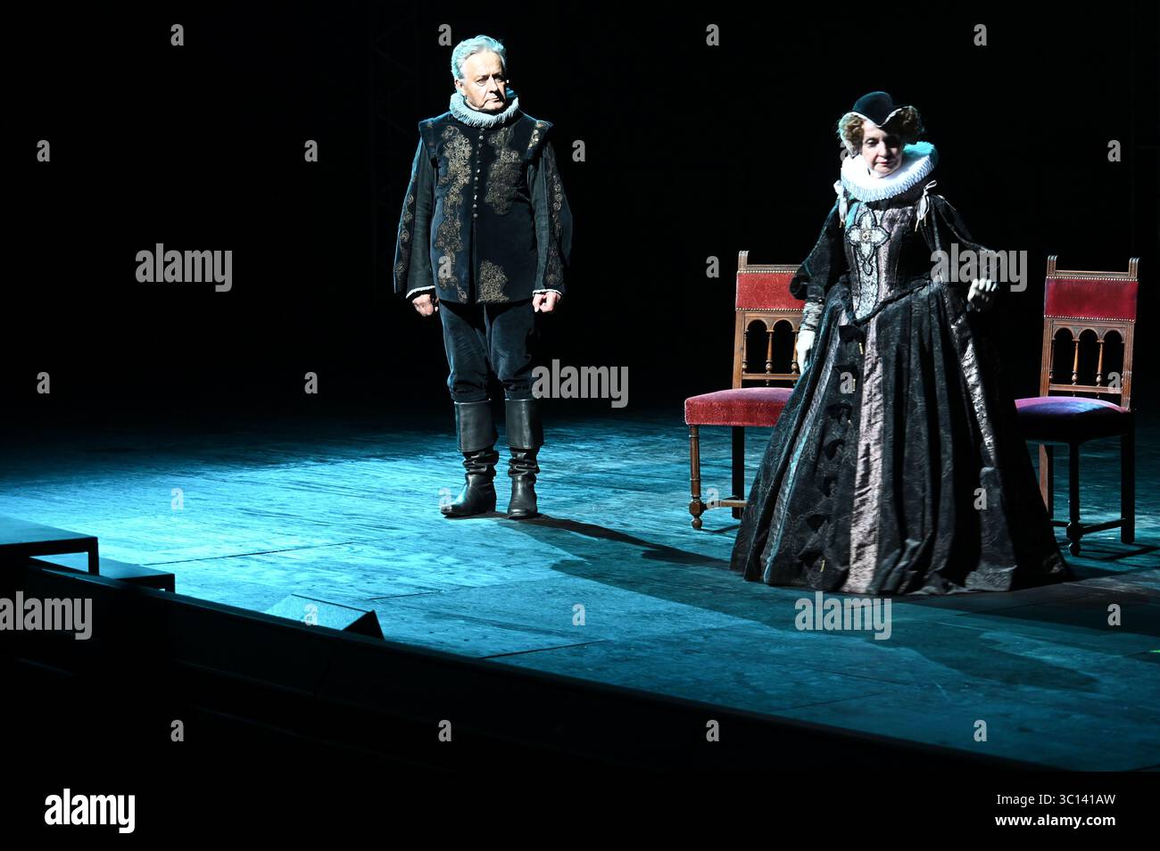 Festival d'Avignon IN 2025 'Le soulier de satin' ('The Satin Slipper'), play by Paul Claudel directed by Eric Ruf, performed in the Courtyard of the Palais des Papes on 19 July 2025  Costumes by Christian Lacroix    With the troupe of the Comédie-Française  Alain Lenglet, Florence Viala, Coraly Zahonero, Laurent Stocker, Christian Gonon, Serge Bagdassarian, Suliane Brahim, Didier Sandre, Christophe Montenez, Marina Hands, Danièle Lebrun, Birane Ba, Sefa Yeboah, Baptiste Chabauty, Edith Proust and Fanny Barthod, Rachel Collignon, Gabriel Draper et Vincent Leterme, Aurélia Bonaque Ferrat, Ingrid Stock Photo