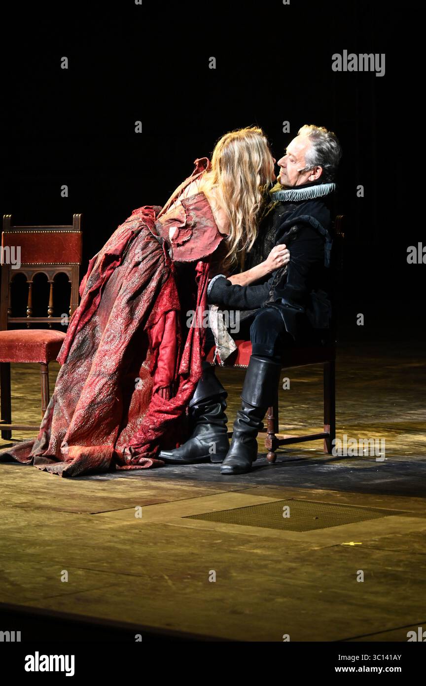 Festival d'Avignon IN 2025 'Le soulier de satin' ('The Satin Slipper'), play by Paul Claudel directed by Eric Ruf, performed in the Courtyard of the Palais des Papes on 19 July 2025  Costumes by Christian Lacroix    With the troupe of the Comédie-Française  Alain Lenglet, Florence Viala, Coraly Zahonero, Laurent Stocker, Christian Gonon, Serge Bagdassarian, Suliane Brahim, Didier Sandre, Christophe Montenez, Marina Hands, Danièle Lebrun, Birane Ba, Sefa Yeboah, Baptiste Chabauty, Edith Proust and Fanny Barthod, Rachel Collignon, Gabriel Draper et Vincent Leterme, Aurélia Bonaque Ferrat, Ingrid Stock Photo