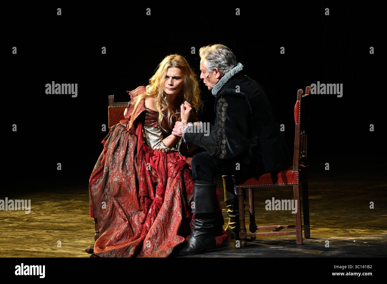 Festival d'Avignon IN 2025 'Le soulier de satin' ('The Satin Slipper'), play by Paul Claudel directed by Eric Ruf, performed in the Courtyard of the Palais des Papes on 19 July 2025  Costumes by Christian Lacroix    With the troupe of the Comédie-Française  Alain Lenglet, Florence Viala, Coraly Zahonero, Laurent Stocker, Christian Gonon, Serge Bagdassarian, Suliane Brahim, Didier Sandre, Christophe Montenez, Marina Hands, Danièle Lebrun, Birane Ba, Sefa Yeboah, Baptiste Chabauty, Edith Proust and Fanny Barthod, Rachel Collignon, Gabriel Draper et Vincent Leterme, Aurélia Bonaque Ferrat, Ingrid Stock Photo