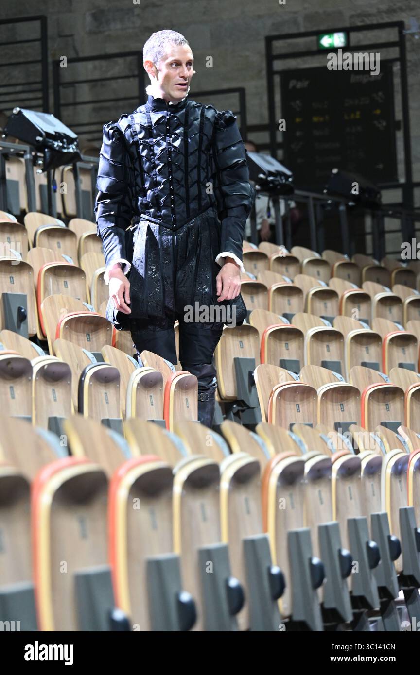 Festival d'Avignon IN 2025 'Le soulier de satin' ('The Satin Slipper'), play by Paul Claudel directed by Eric Ruf, performed in the Courtyard of the Palais des Papes on 19 July 2025  Costumes by Christian Lacroix    With the troupe of the Comédie-Française  Alain Lenglet, Florence Viala, Coraly Zahonero, Laurent Stocker, Christian Gonon, Serge Bagdassarian, Suliane Brahim, Didier Sandre, Christophe Montenez, Marina Hands, Danièle Lebrun, Birane Ba, Sefa Yeboah, Baptiste Chabauty, Edith Proust and Fanny Barthod, Rachel Collignon, Gabriel Draper et Vincent Leterme, Aurélia Bonaque Ferrat, Ingrid Stock Photo