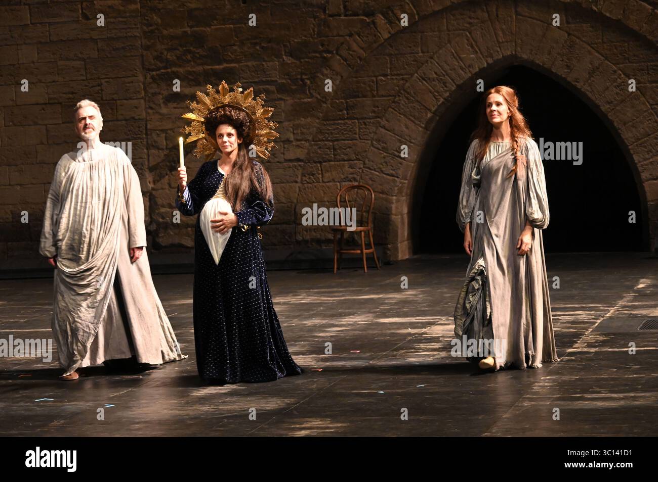 Festival d'Avignon IN 2025 'Le soulier de satin' ('The Satin Slipper'), play by Paul Claudel directed by Eric Ruf, performed in the Courtyard of the Palais des Papes on 19 July 2025  Costumes by Christian Lacroix    With the troupe of the Comédie-Française  Alain Lenglet, Florence Viala, Coraly Zahonero, Laurent Stocker, Christian Gonon, Serge Bagdassarian, Suliane Brahim, Didier Sandre, Christophe Montenez, Marina Hands, Danièle Lebrun, Birane Ba, Sefa Yeboah, Baptiste Chabauty, Edith Proust and Fanny Barthod, Rachel Collignon, Gabriel Draper et Vincent Leterme, Aurélia Bonaque Ferrat, Ingrid Stock Photo